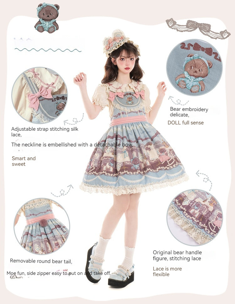 Blue White Lolita Dress Little Bear Embroidered 3-Style Dress 32062:382718 32062:382718