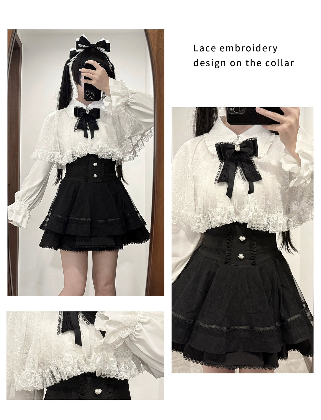 Jirai Kei Lace-cape Blouse, High-waist Skirt Outfit 43933:790382