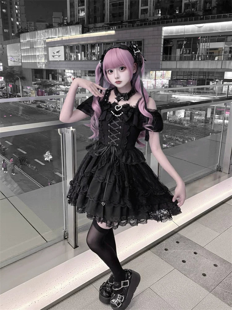 Black Jirai Kei Open Shoulder Dress, Rhinestone Strap 44950:832354