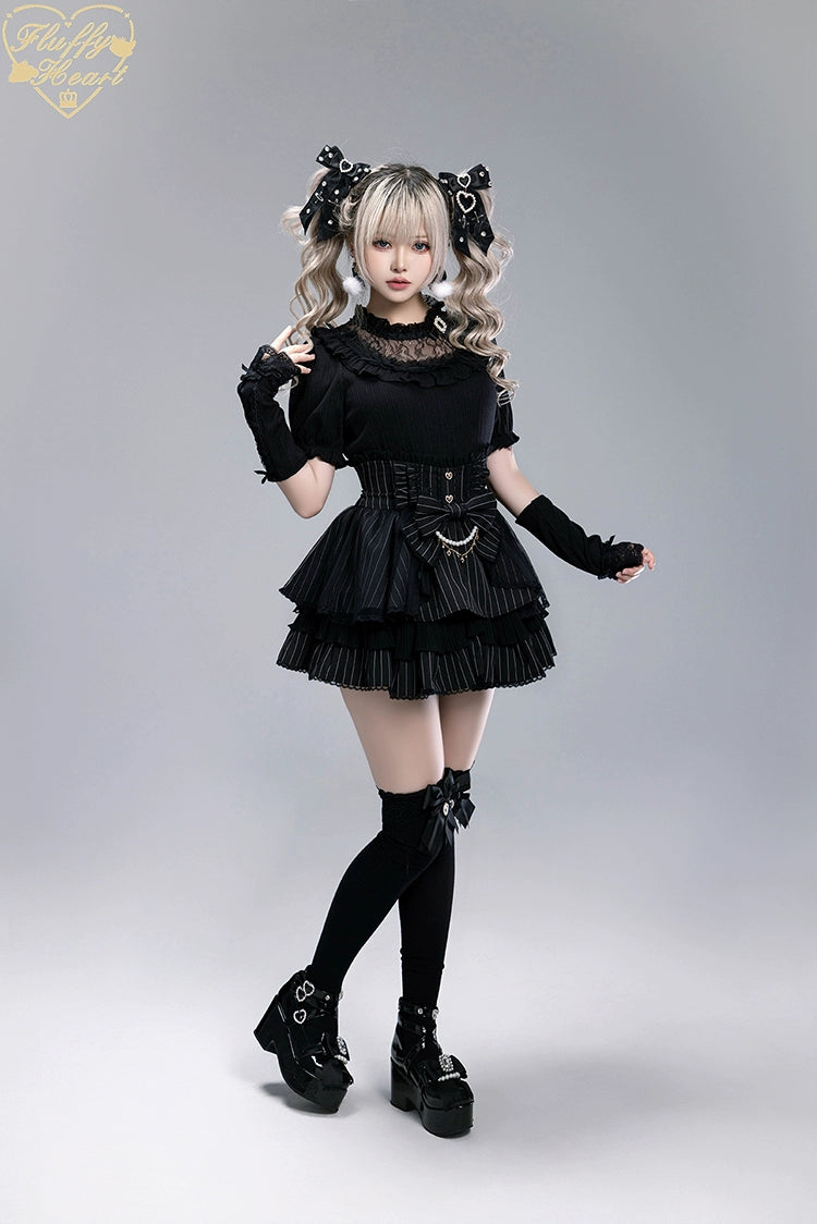 Striped High Waist Jirai Kei Skirt, Detachable Bow 43679:785977