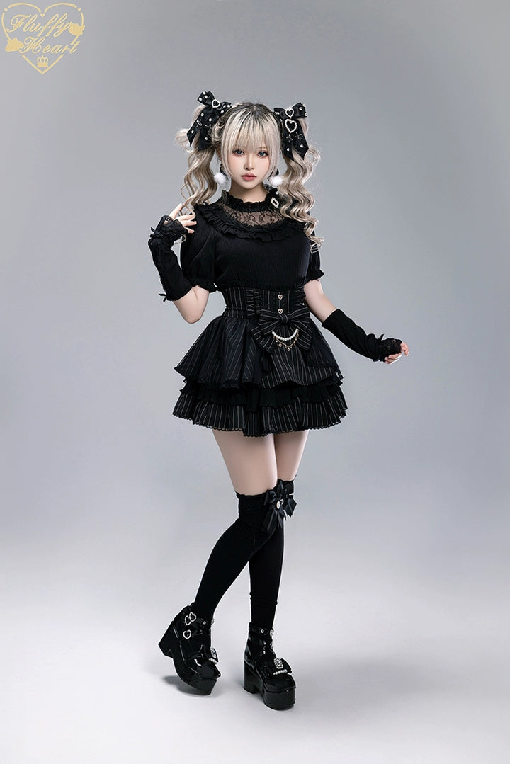 Striped High Waist Jirai Kei Skirt, Detachable Bow 43679:785977