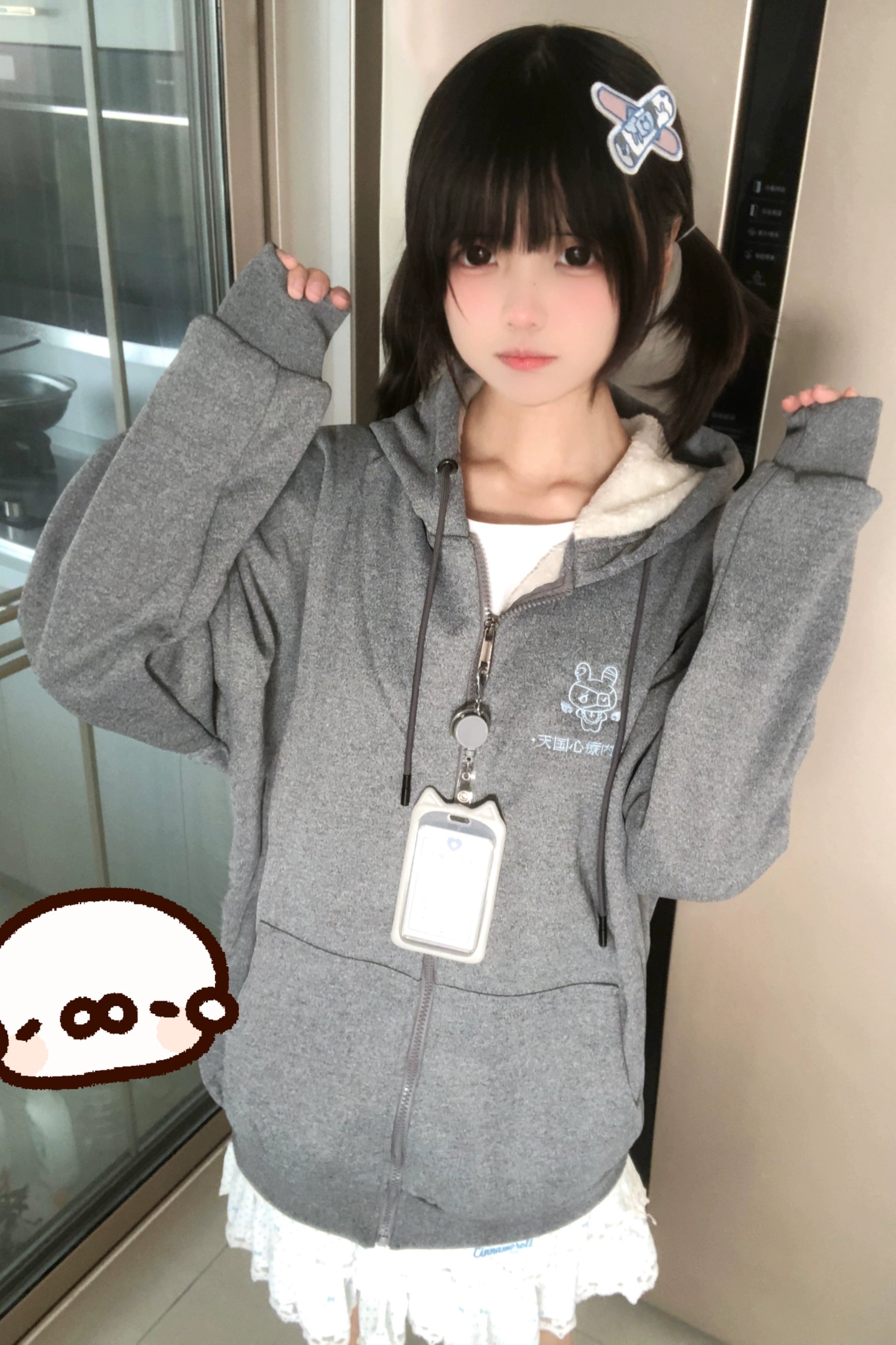 Jirai Kei Fleece Hoodie Black Gray Embroidery Winter Coat 32928:408794