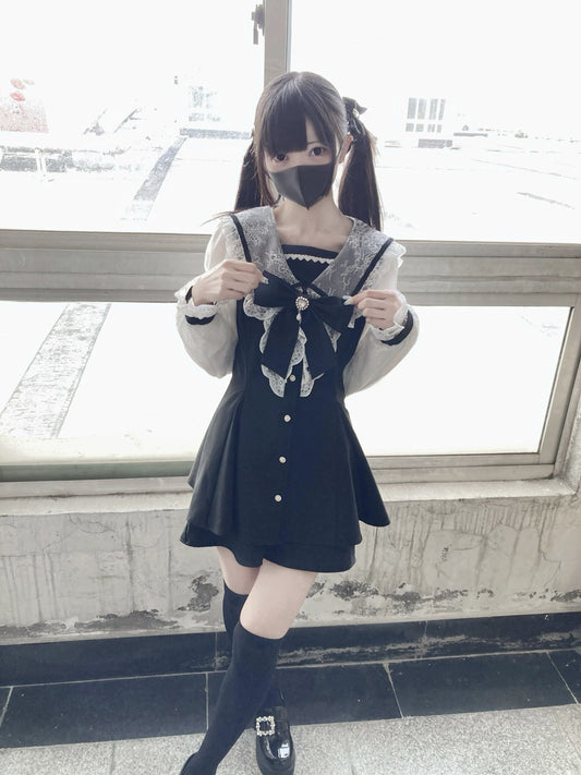 Black Jirai Kei Set Lace Sleeve Sailor Collar Dress Shorts 37650:567946