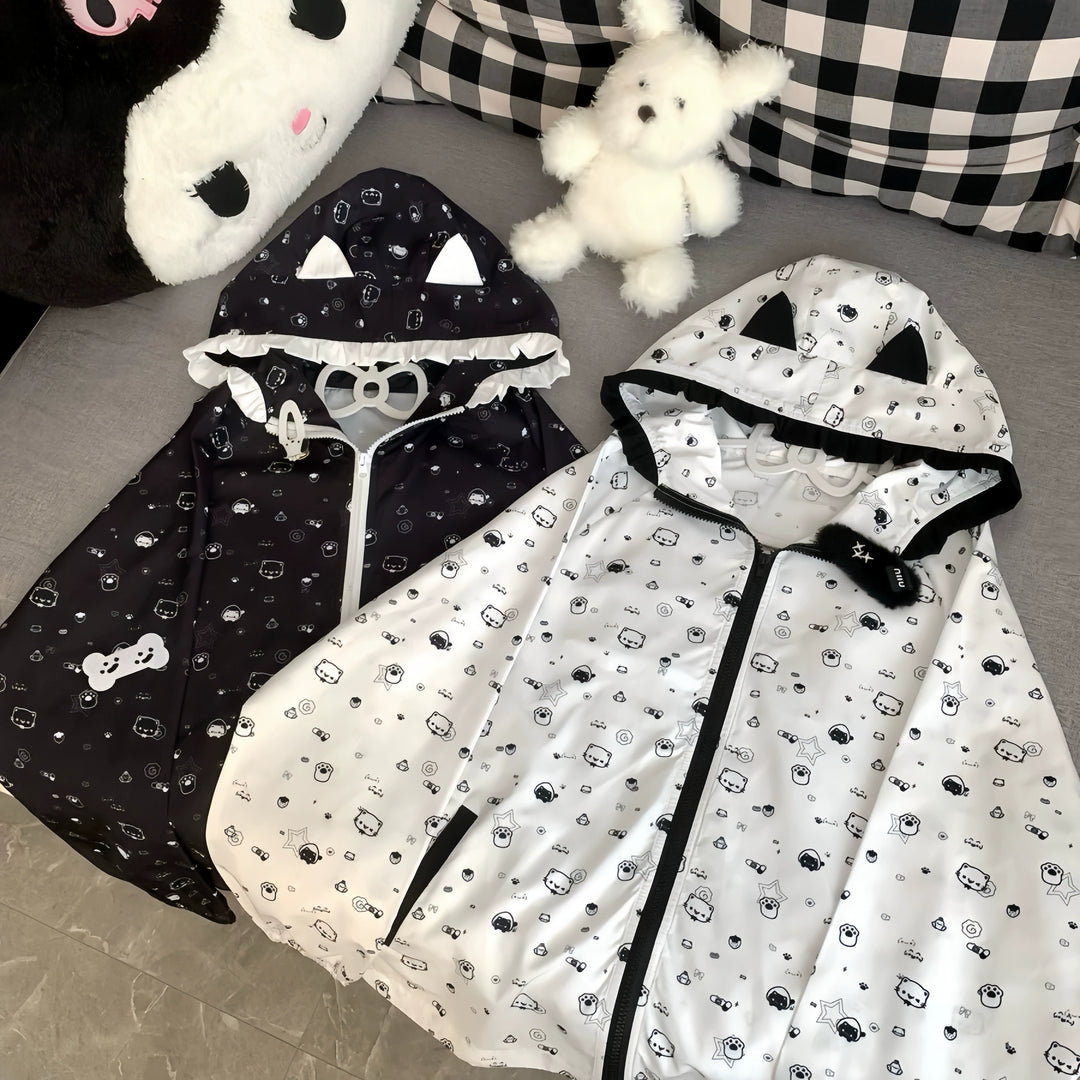 Kawaii Hooded Sunscreen Jacket with Cat Ears & Animal Prints 42905:757303