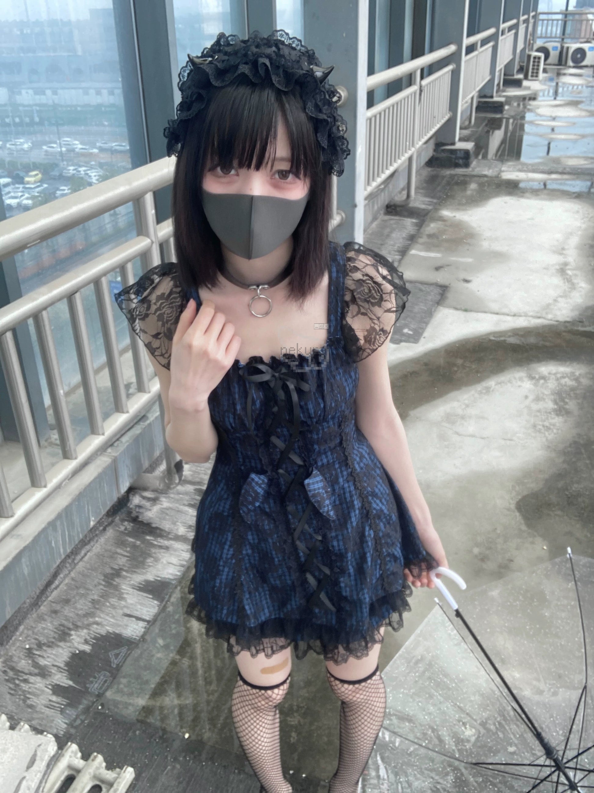 Jirai Kei Dress Set Blue Plaid Flying Sleeve Dress 35266:485300