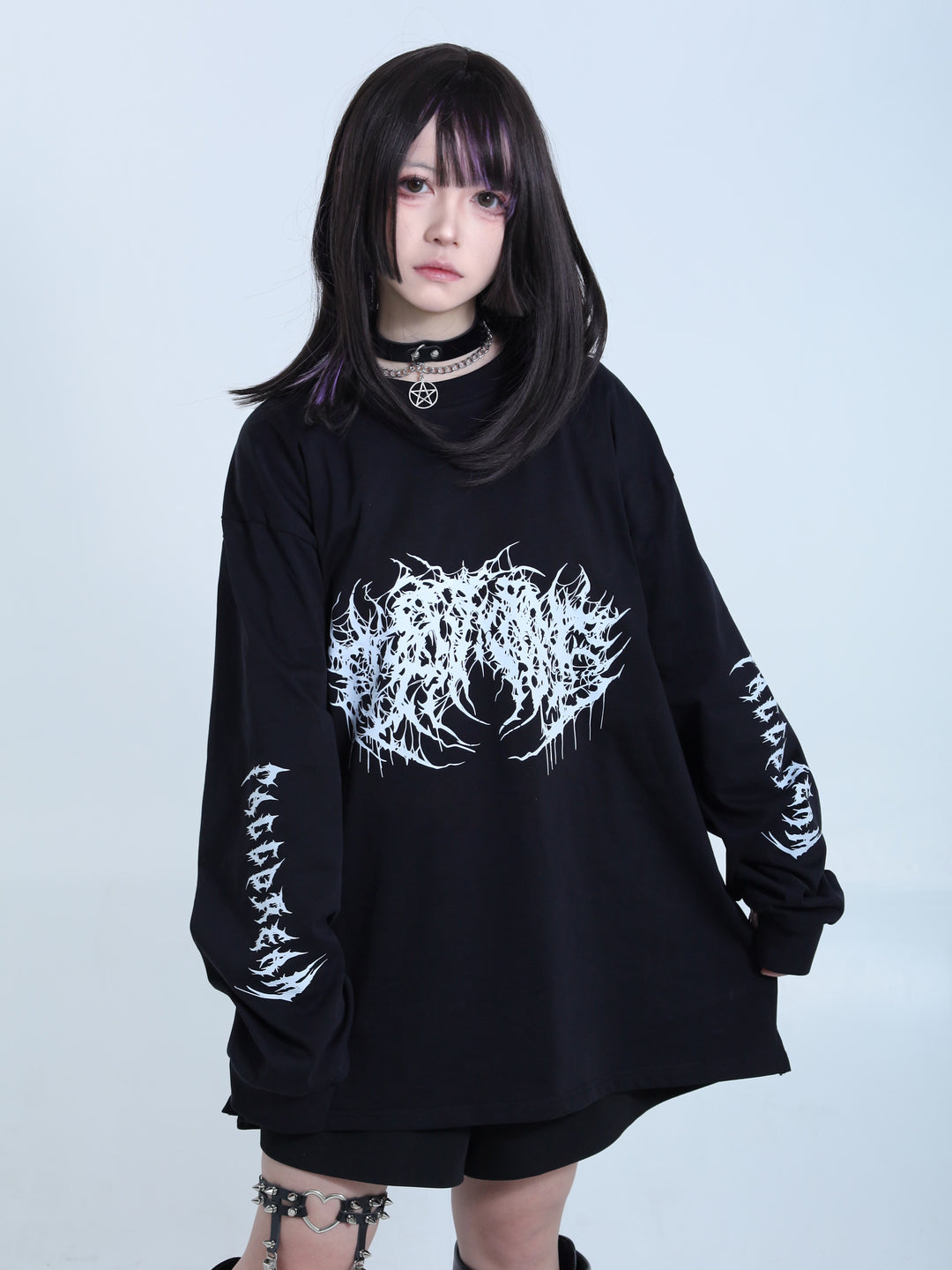 Gothic Jirai Kei Black Sweatshirt with Long Sleeves and Drop Shoulder 42328:736465