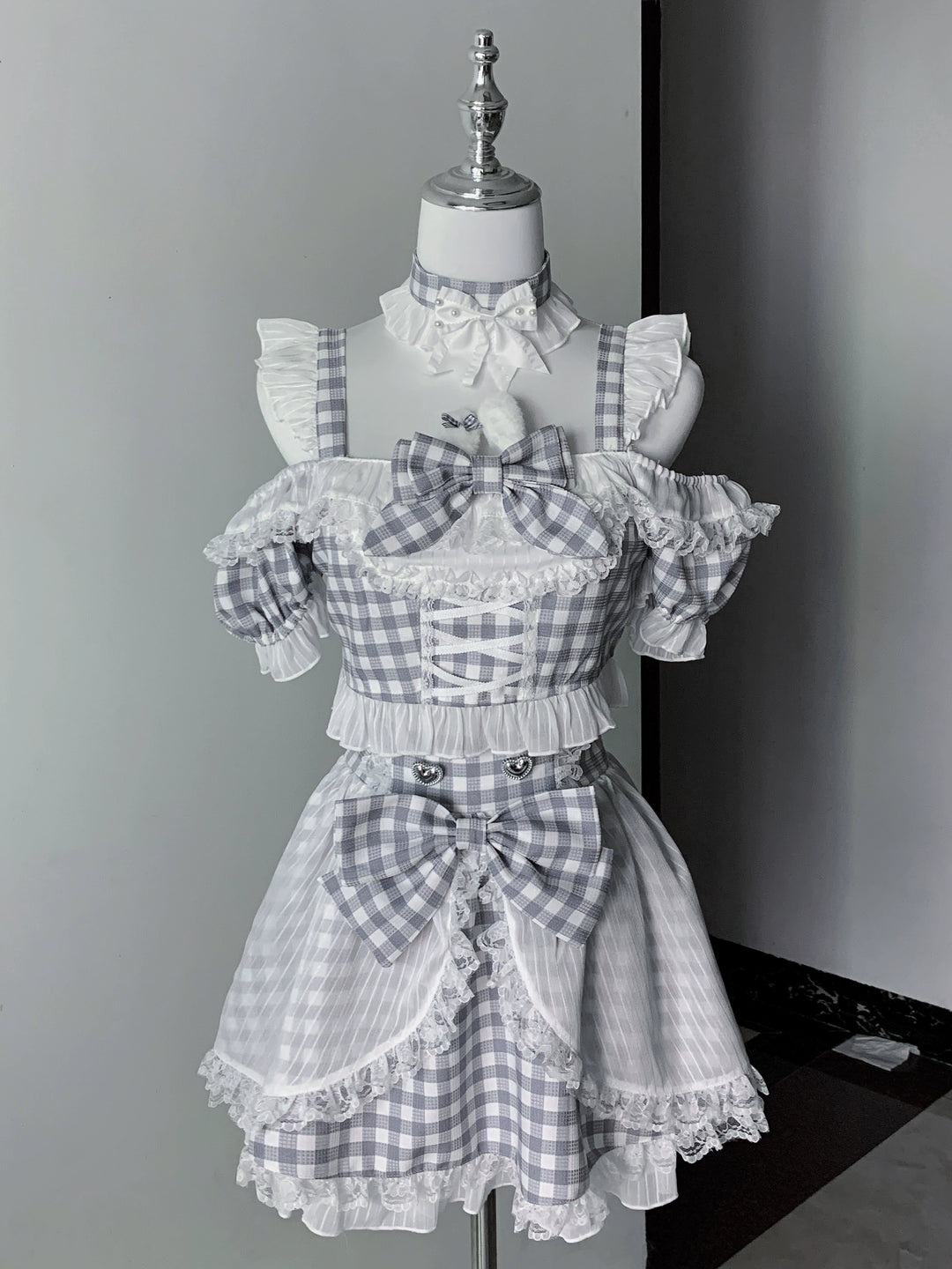 Plaid Stage Jirai Kei Outfit, Furry Bunny Ear Blouse, Skirt (L M S XL) 43614:780939