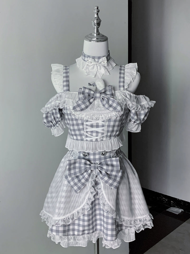 Plaid Stage Jirai Kei Outfit, Furry Bunny Ear Blouse, Skirt (L M S XL) 43614:780939