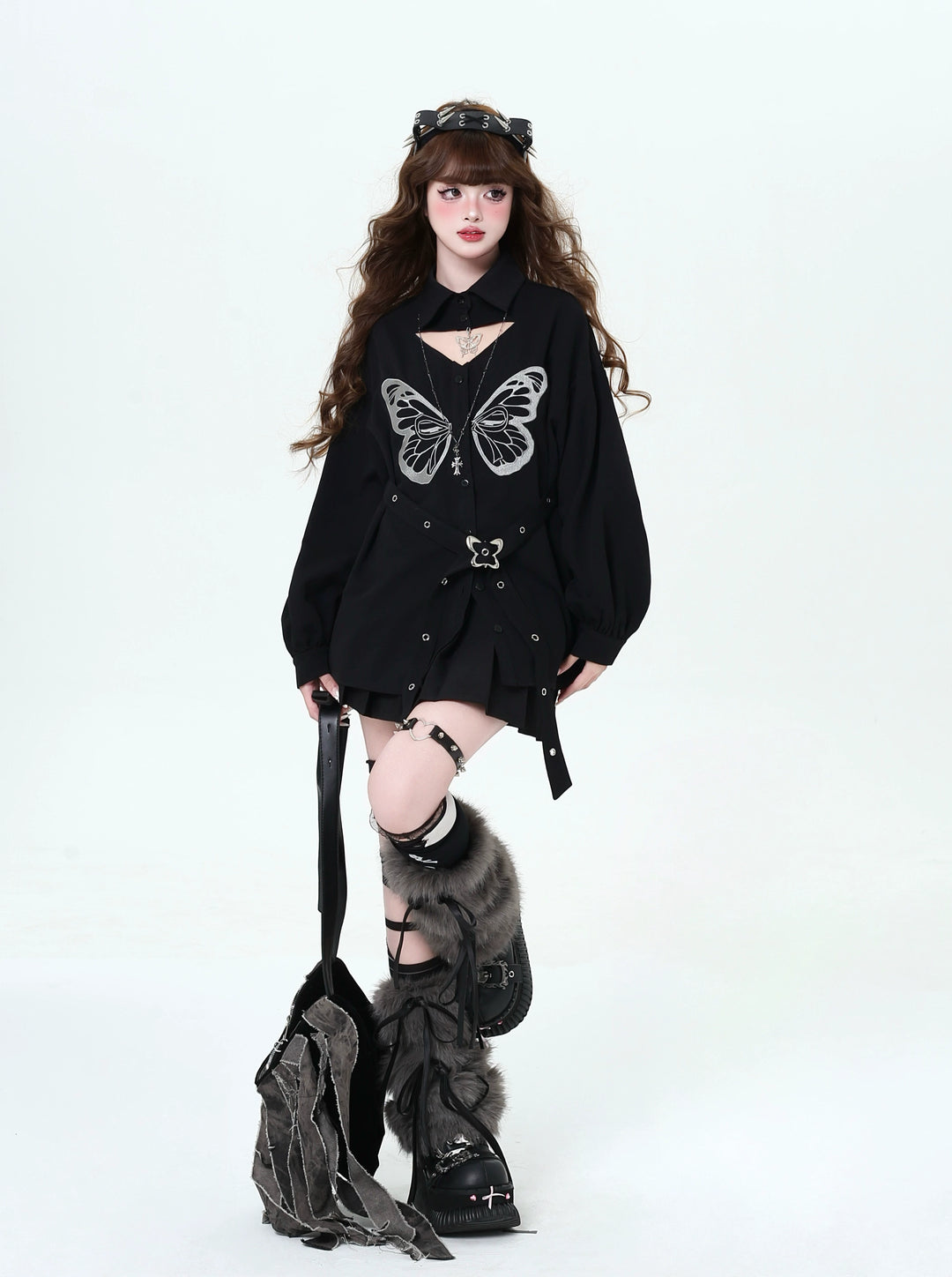 Gyaru blouse Subculture Embroidered Butterfly Shirt Long Sleeve Top 39690:633952