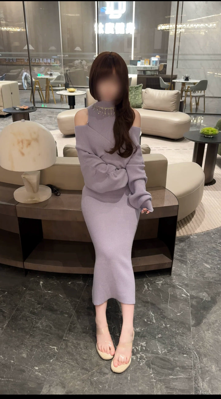 Seiso Kei Knitted Bodycon Dress, Open Shoulder 44514:810763