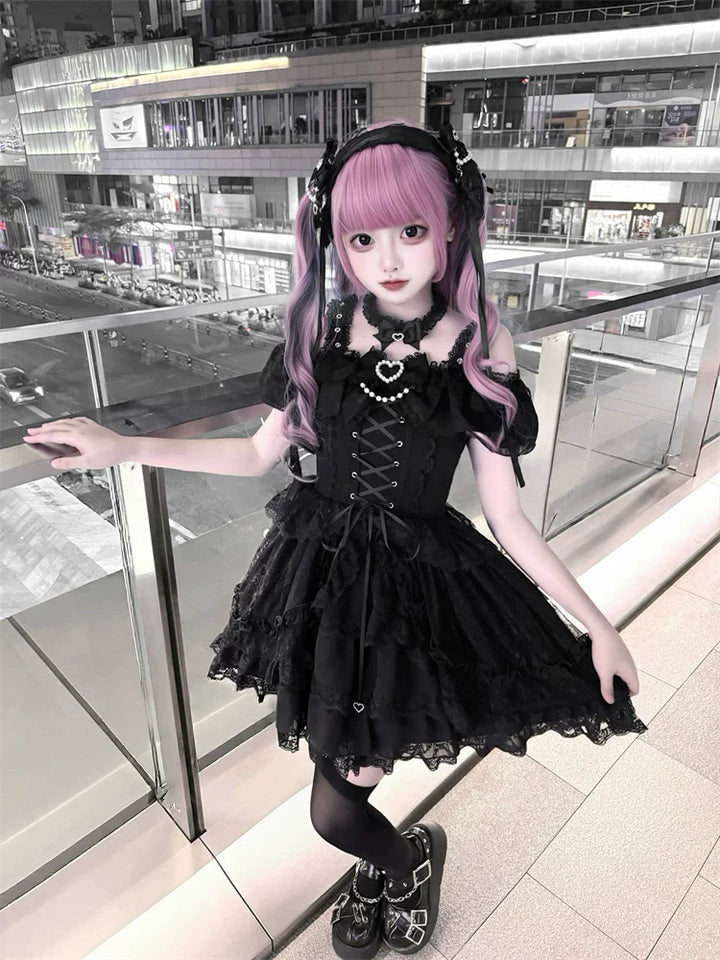 Black Jirai Kei Open Shoulder Dress, Rhinestone Strap 44950:832347