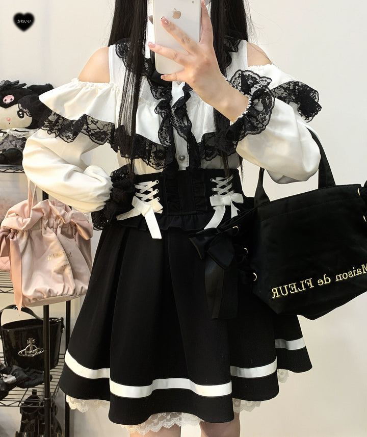 Jirai Kei Blouse Double Ruffle Open Shoulder Shirt 31856:768488