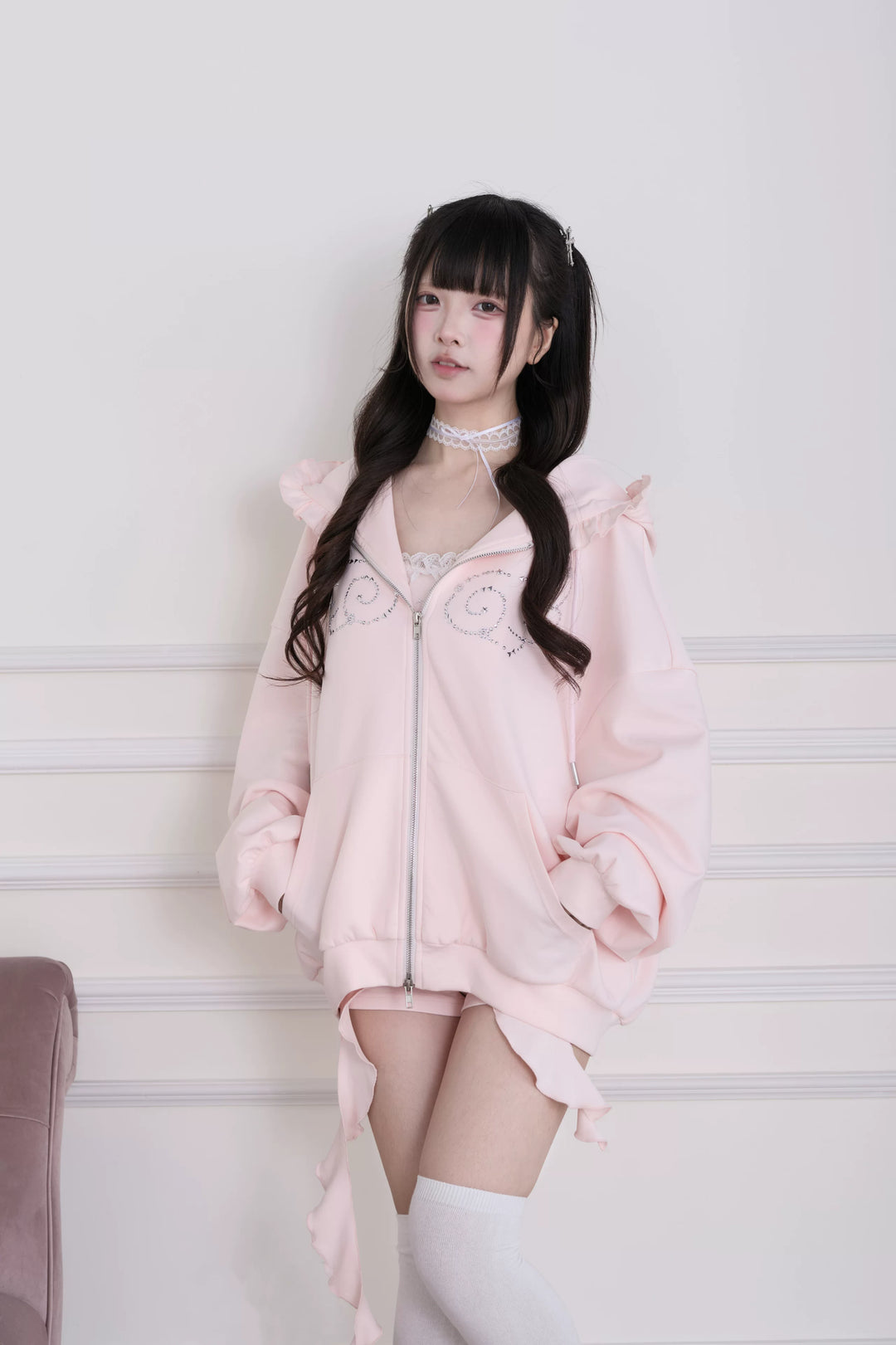 Sporty Hoodie Jacket 4-Piece Set, Hot-Fix Rhinestone (Pink) 45857:865866