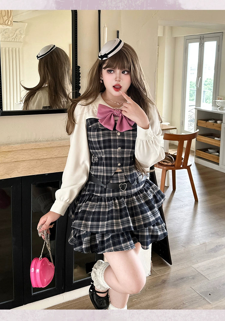 Plus Size Schoolgirl Plaid Outfit Waist-cinching Barbie-style 39398:627396