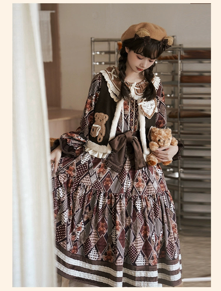 Lolita Dress Bear Embroidered Long Sleeve Dress And Vest 32068:382242 32068:382242