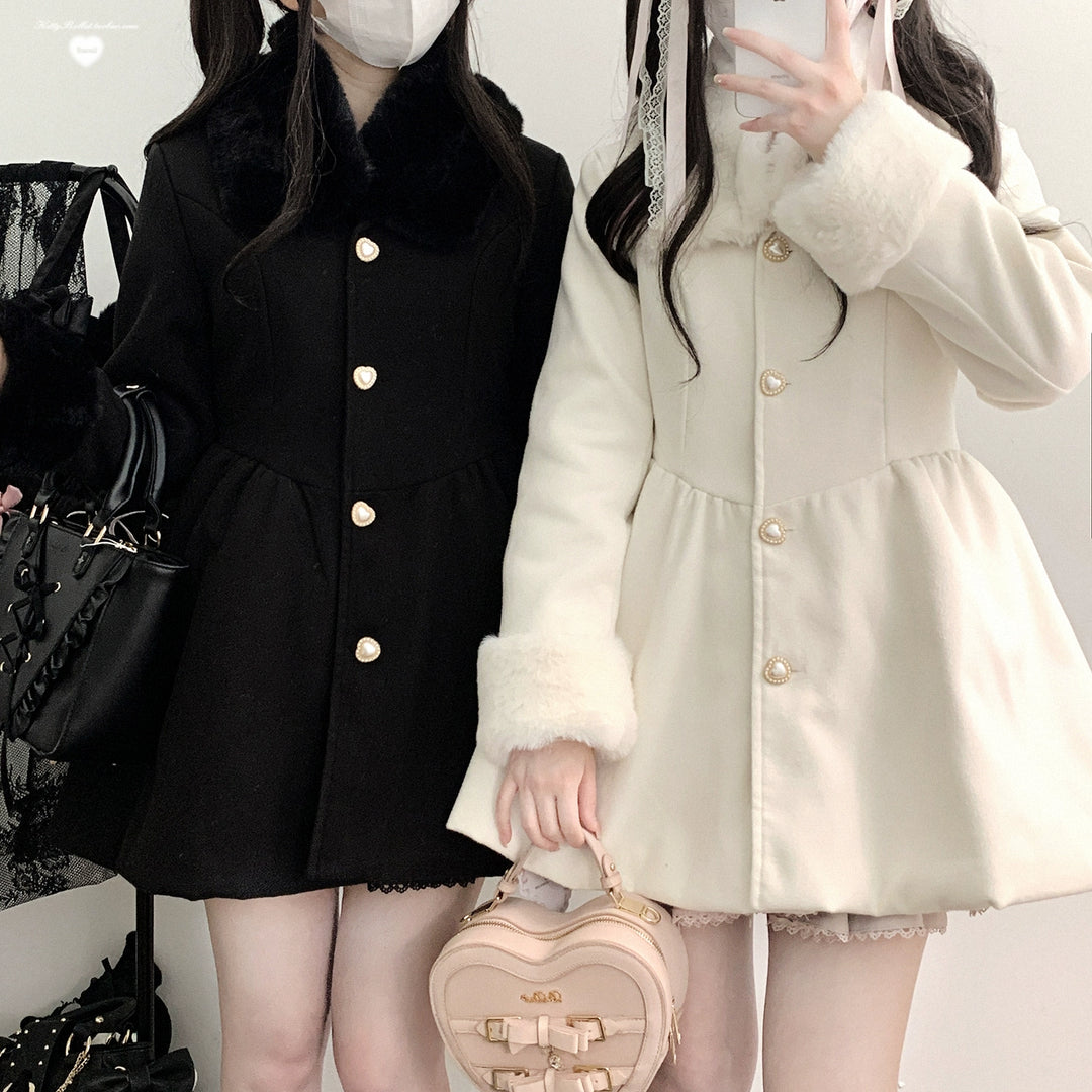 Jirai Kei Coat Detachable Fur Collar Dress Coat Wool-like Jacket 40416:667620