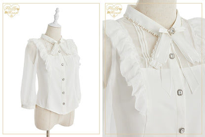 White Pink Jirai Kei Blouse Sheer Lace Shirt with Rhinestone 32914:403906