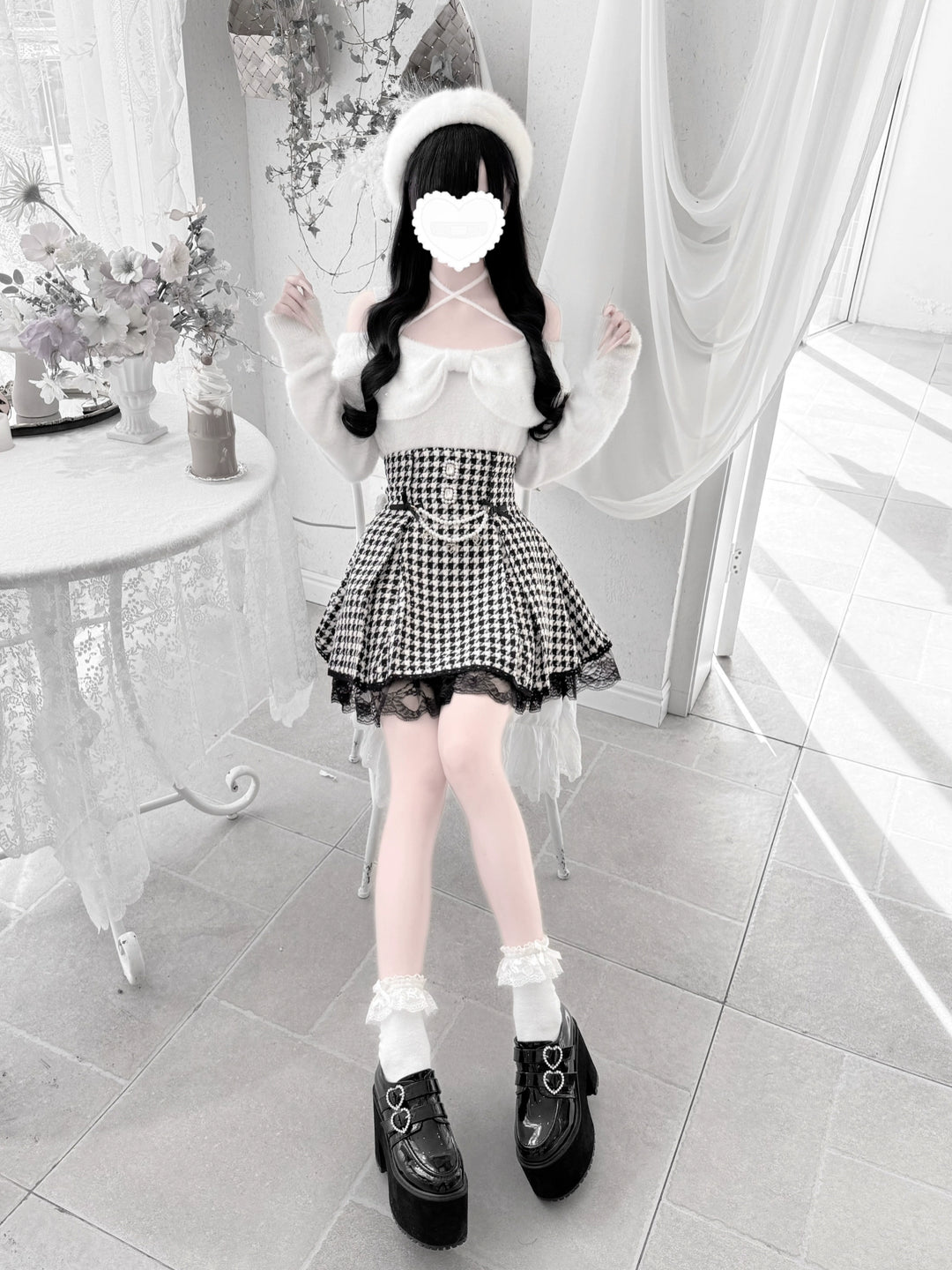 Jirai Kei Open-Shoulder Sweater, Faux Mink Plush 44156:797393