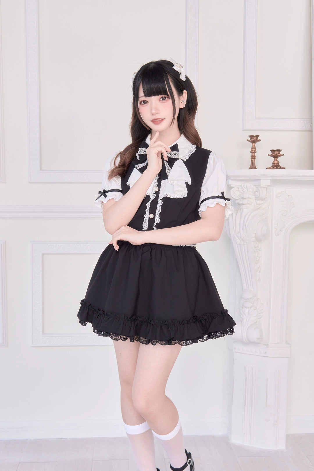 Striped / Solid Jirai Kei Dress, Elastic Shorts 43533:779062