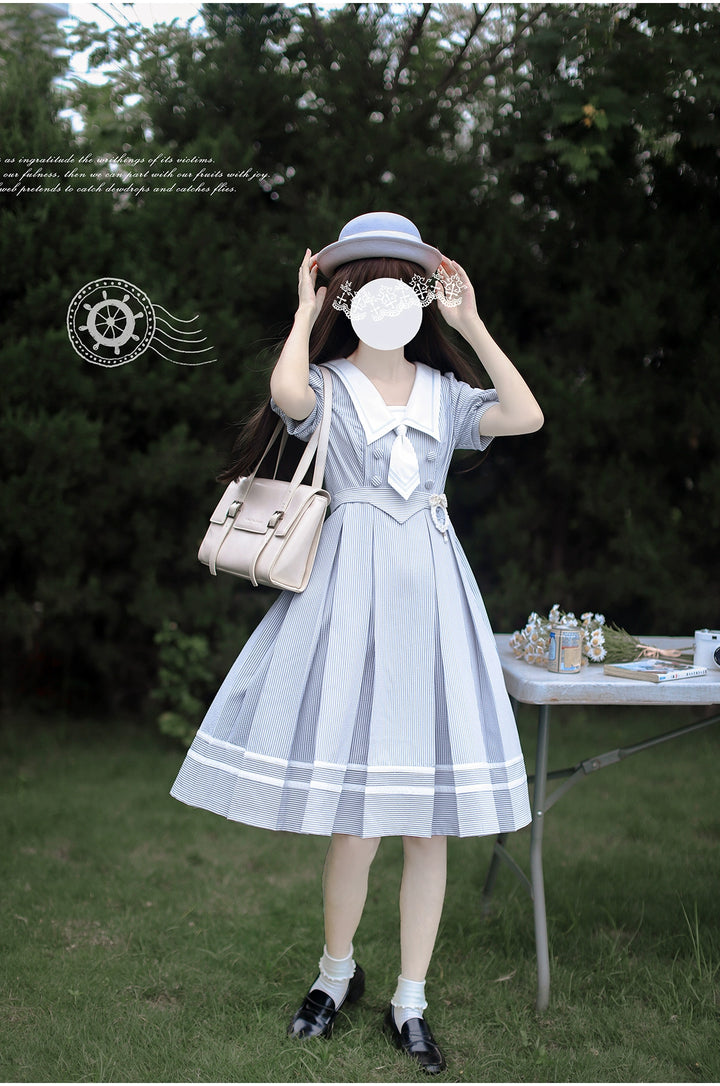 Summer JK Uniform Striped Dress, Sailor Collar 43627:781360