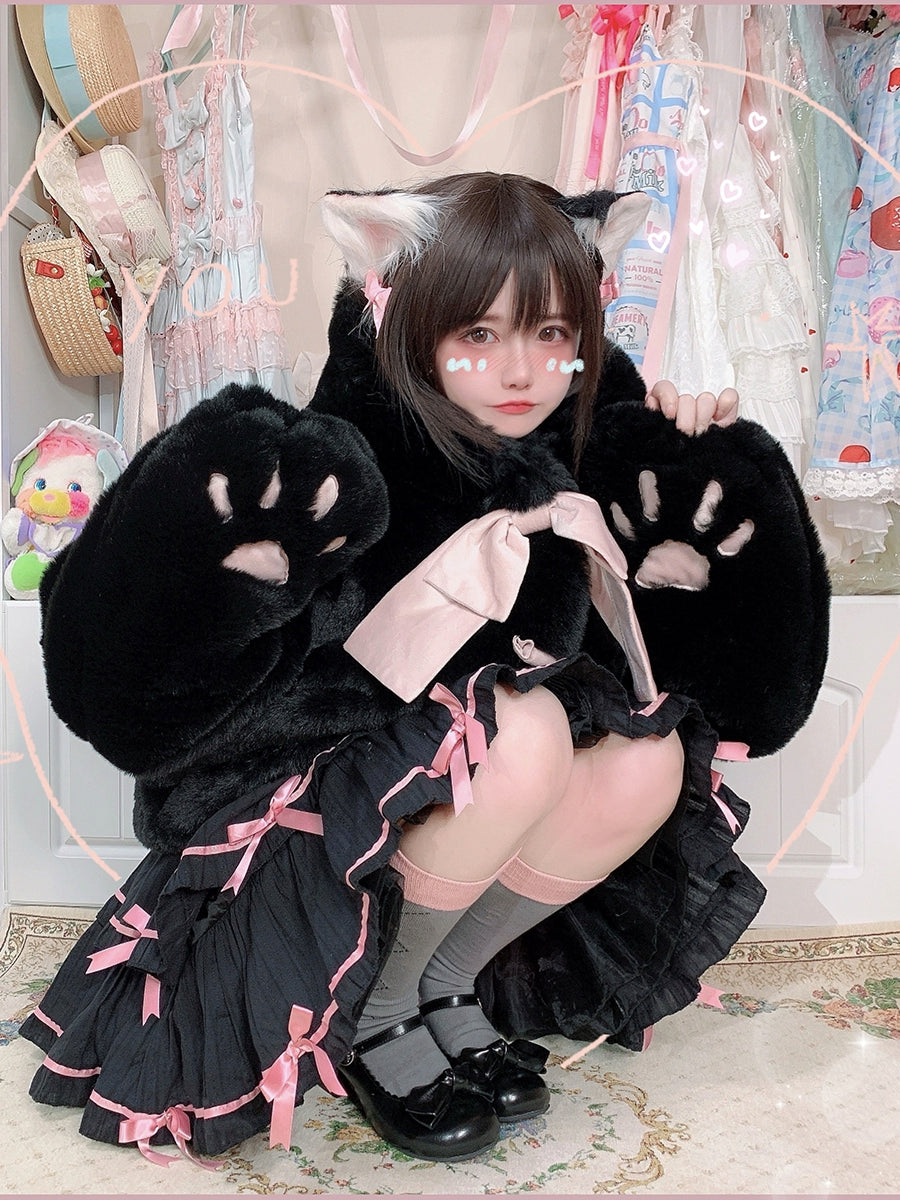 Jirai Kei White Black Plush Coat Lolita Kawaii Cat Fleece Coat 32404:384838