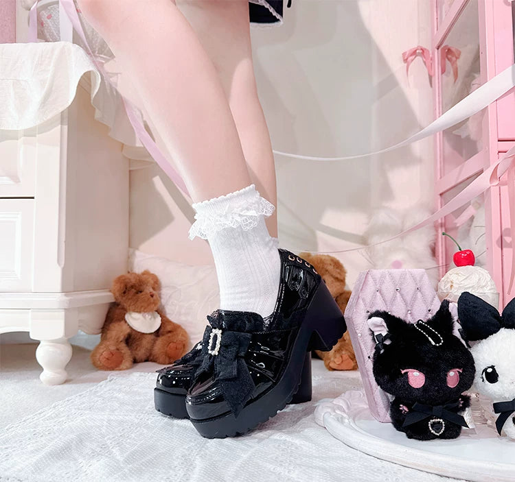 Jirai Kei Slip-On Chunky Heeled Shoes, Pearl Decorated Bow 45867:867779