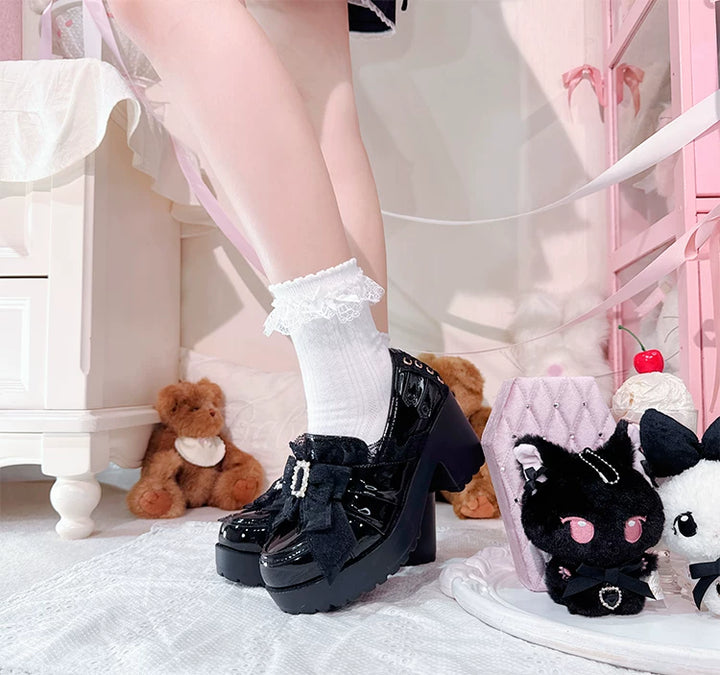 Jirai Kei Slip-On Chunky Heeled Shoes, Pearl Decorated Bow 45867:867779