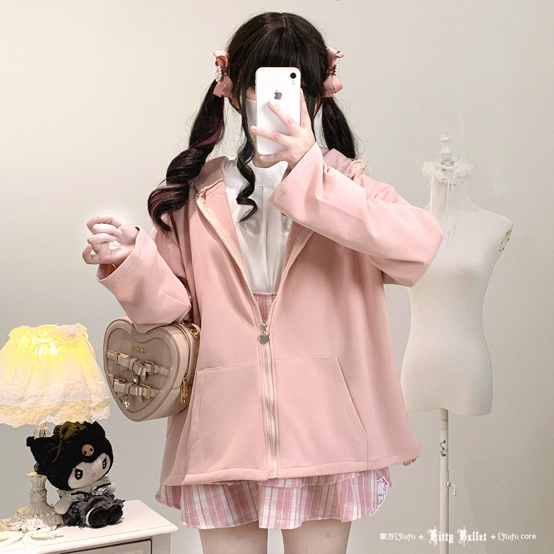 Kawaii Zipper Closure Jacket, Lace Bunny Ear 44002:792500