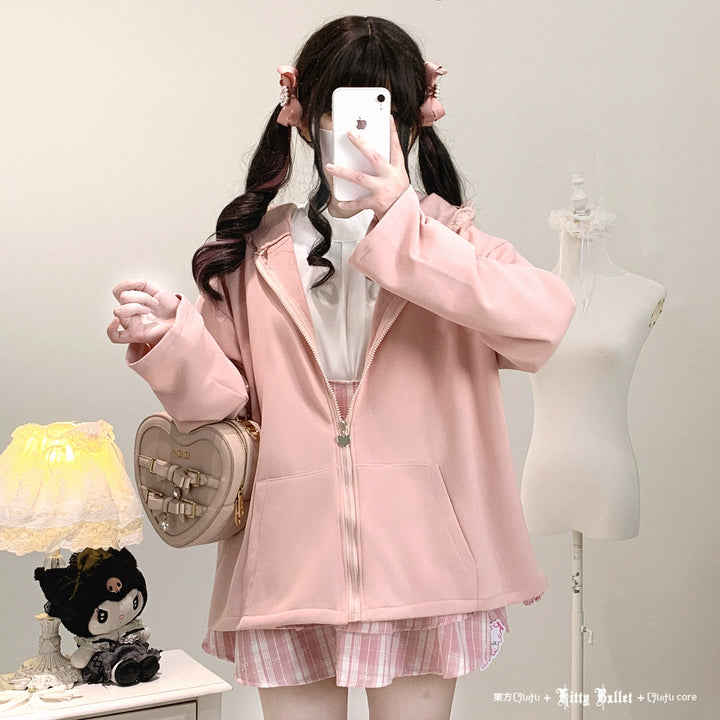 Kawaii Zipper Closure Jacket, Lace Bunny Ear 44002:792500