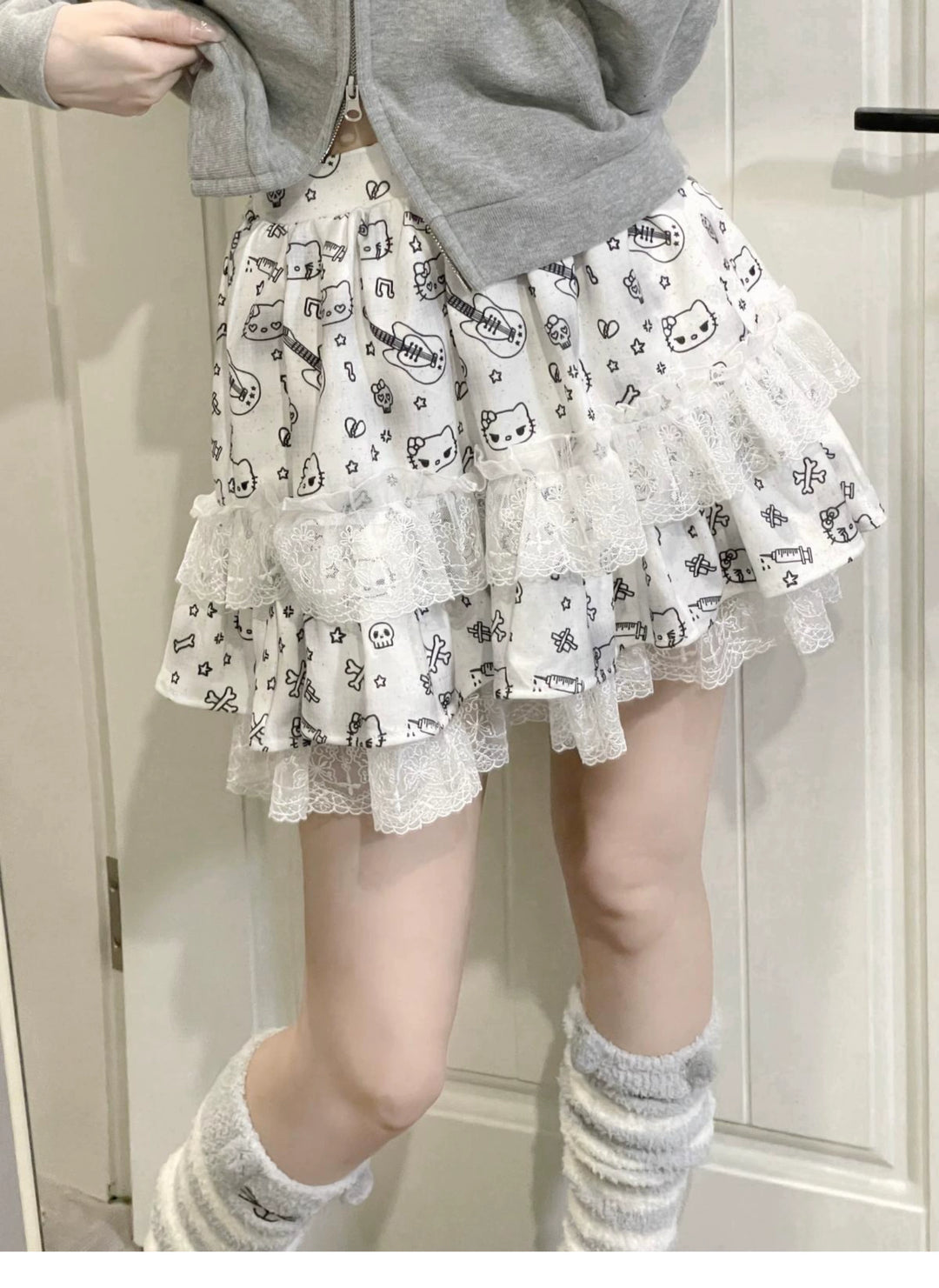 Y2K Skirt Kitty Print Lace Skirt Puff Cake Skirt 37736:586760