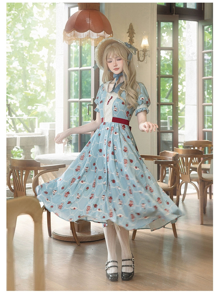 Pink Blue Lolita Dress Short Sleeve Lolita Dress Floral Tea Pot Print (L M S) 37134:552492