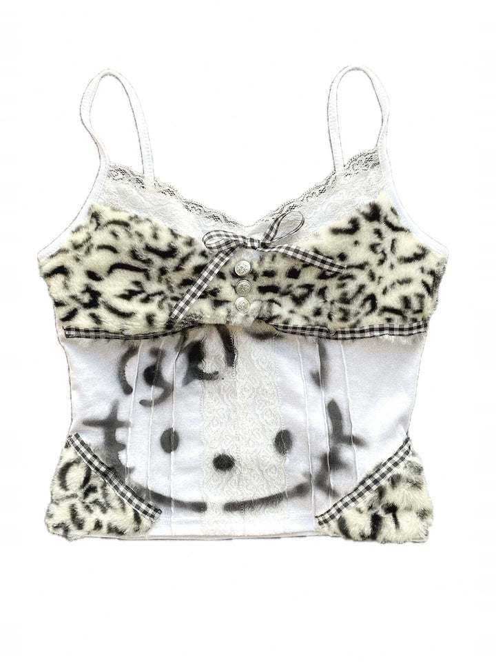 Y2K Leopard Cami Top, Kitten Print and Plaid Bow 45512:854702