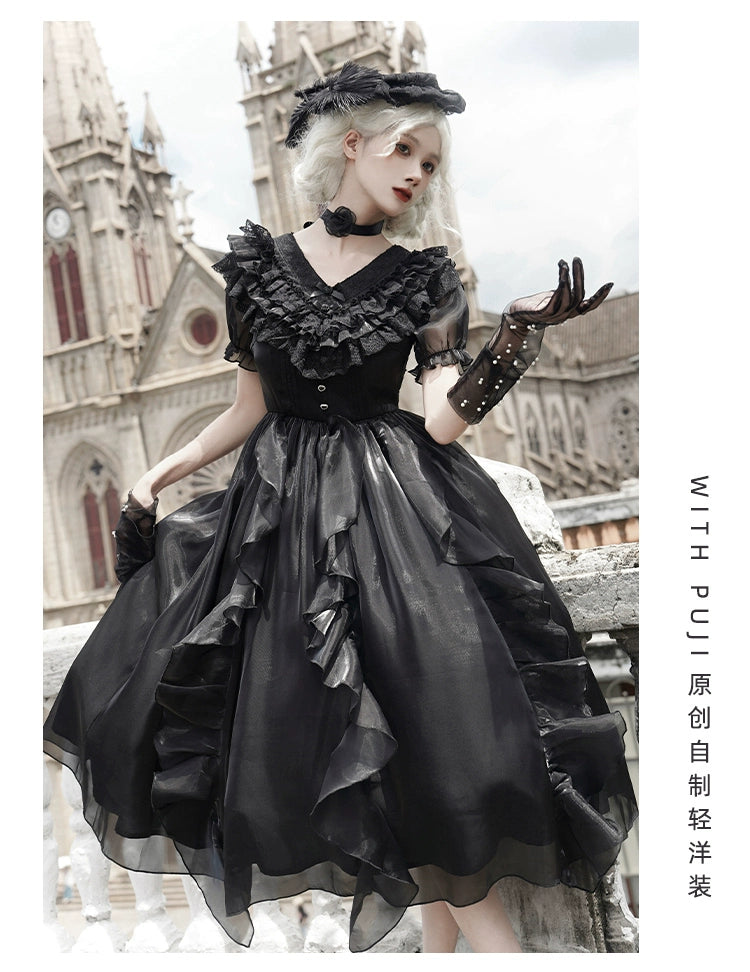 Classic Lolita Dress V-neck Lace Short Sleeve Daily Lolita Dress 37254:616620