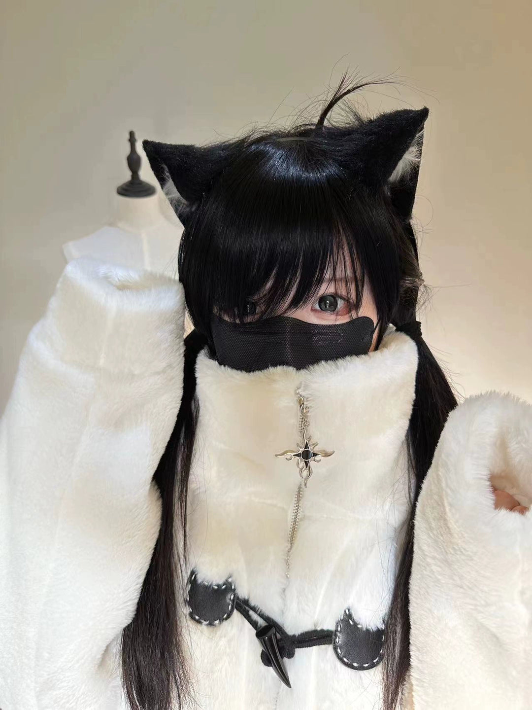 Plus Size Jirai Kei Coat Black White Winter Coat Cat Ear Hooded 40330:658298