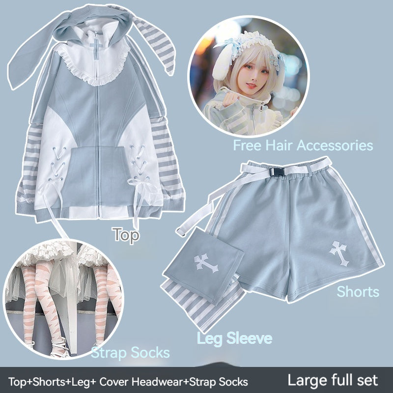 Jirai Kei Blue Hooded Coat With Long Bunny Ears (Large Small) 21834:319476 (Large Small) 21834:319476