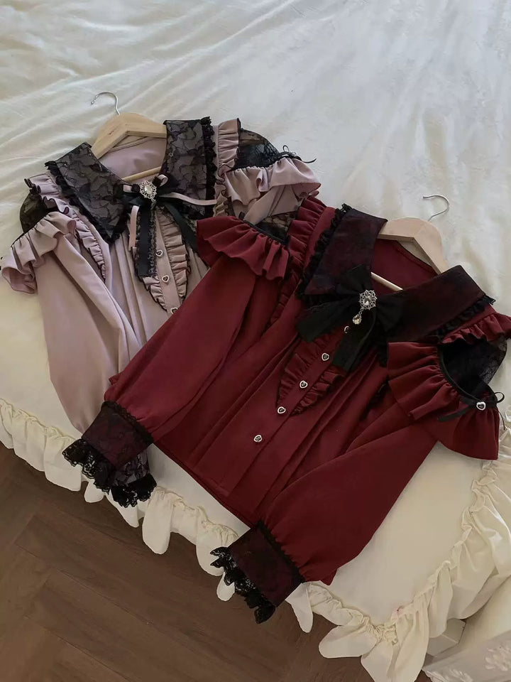 Jirai Kei Long Sleeve Blouse, Lace Overlay and Heart Buttons (L M S XL) 44589:815150