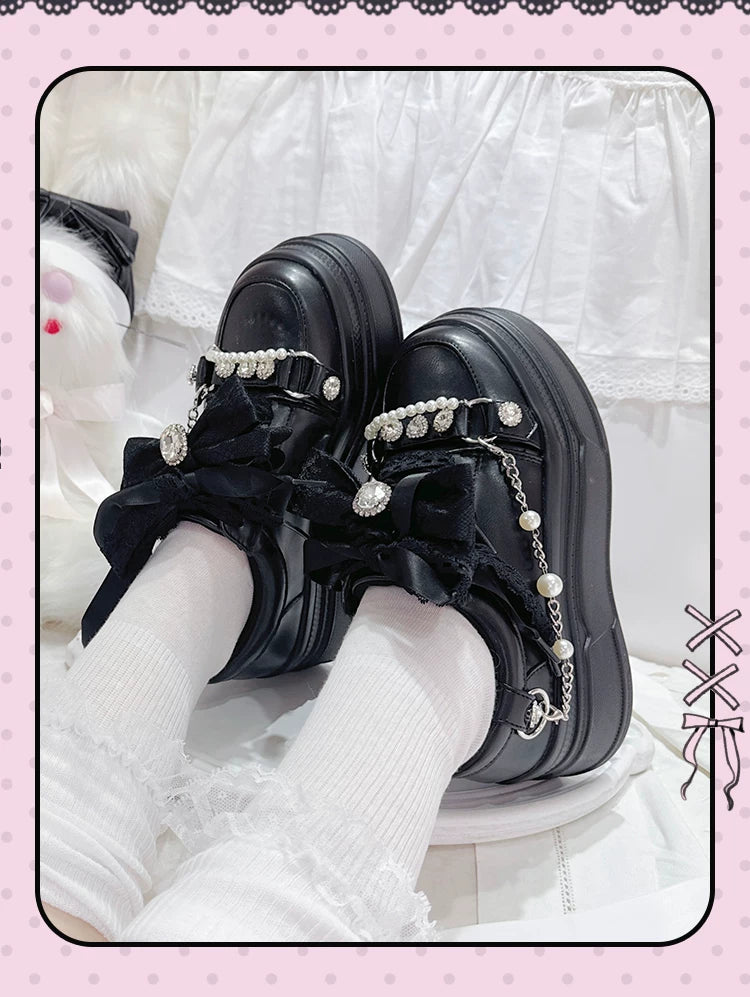 Jirai Kei Platform Shoes, Rhinestone & Pearl Chain 45866:868232