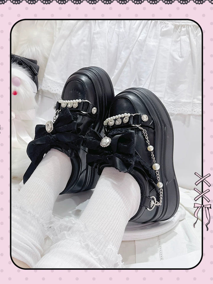 Jirai Kei Platform Shoes, Rhinestone & Pearl Chain 45866:868232