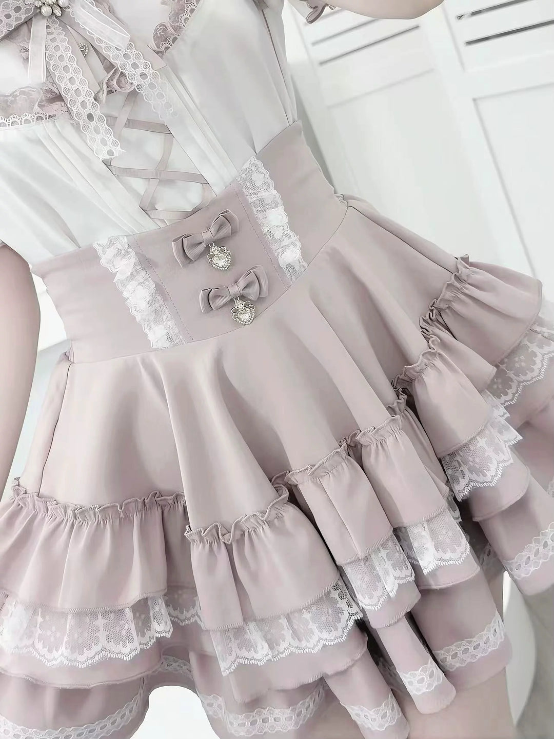 Jirai Kei Heart Lace Collar Blouse, High-waisted Tiered Skirt (L M XL) 45726:862776