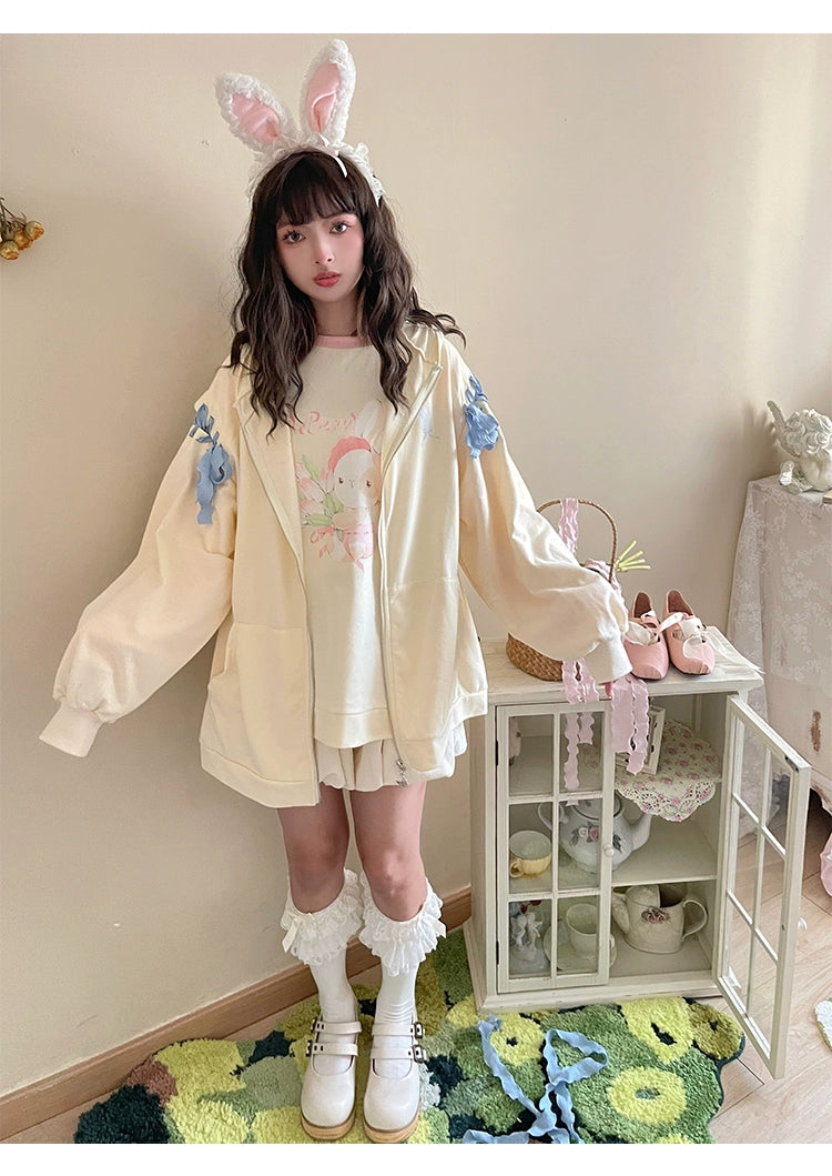 Pastel Oversized Hoodie Blue Apricot Bunny Ears Sweatershirt 22656:344298 22656:344298