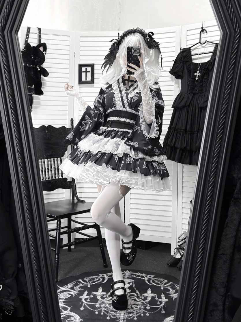 Gothic Blouse and Skirt Yukata Set, Wing Print 45129:835635