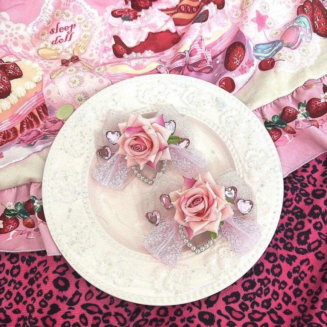 Hime Gyaru Rose Hair Clip, Heart Shaped Faux Pearl 45562:853306