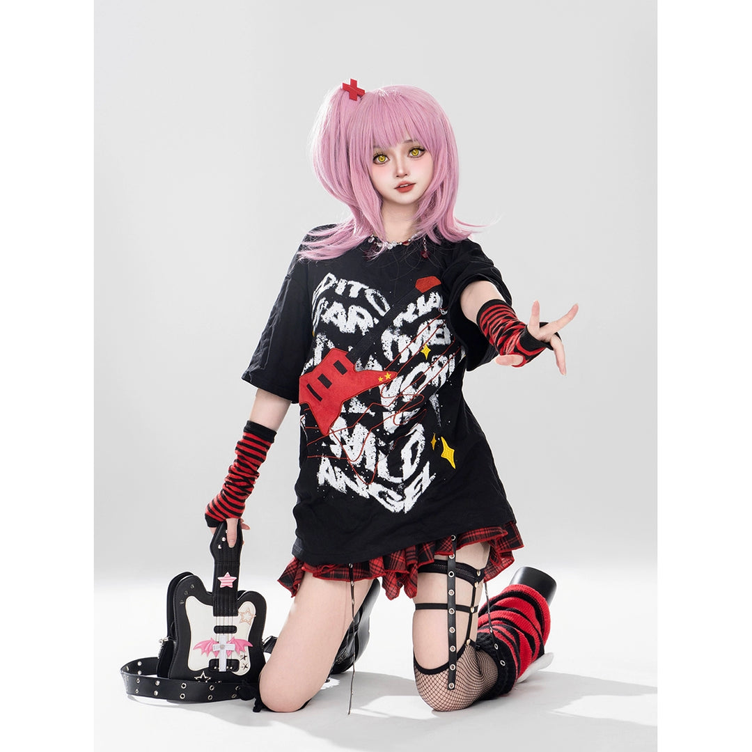 Gyaru T-shirt Red Plaid Skrit Unisex Punk Short-sleeve Top 42020:723510