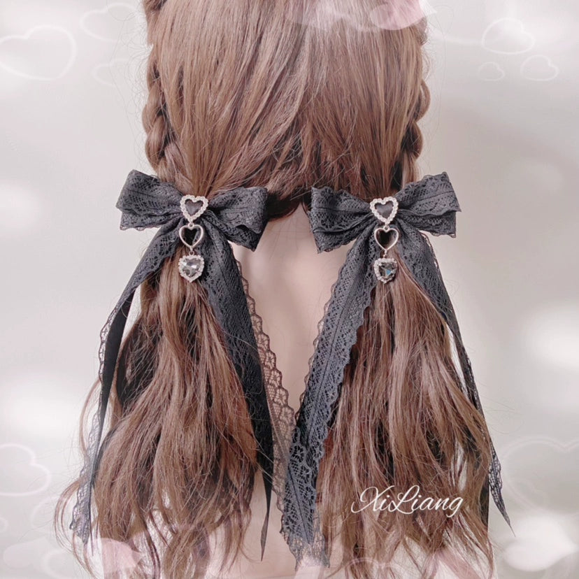 Handmade Lolita Hair Clip Black Lace Bow Rhinestone Hairpins 28906:358432 28906:358432