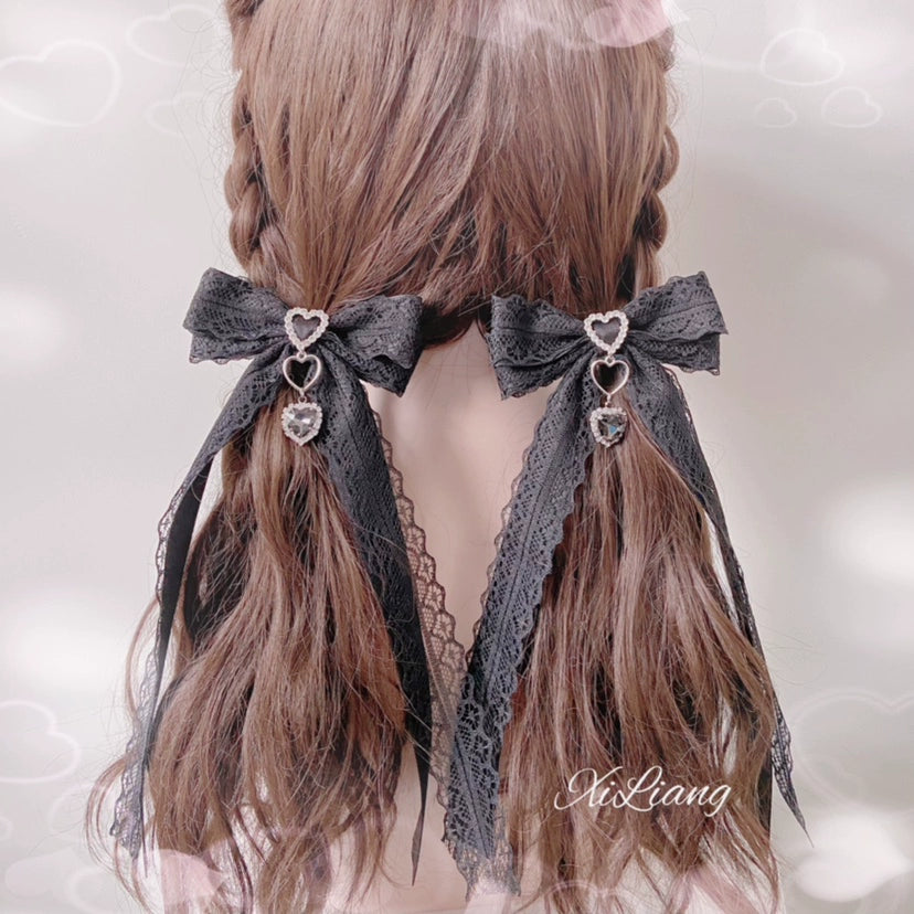 Handmade Lolita Hair Clip Black Lace Bow Rhinestone Hairpins 28906:358432