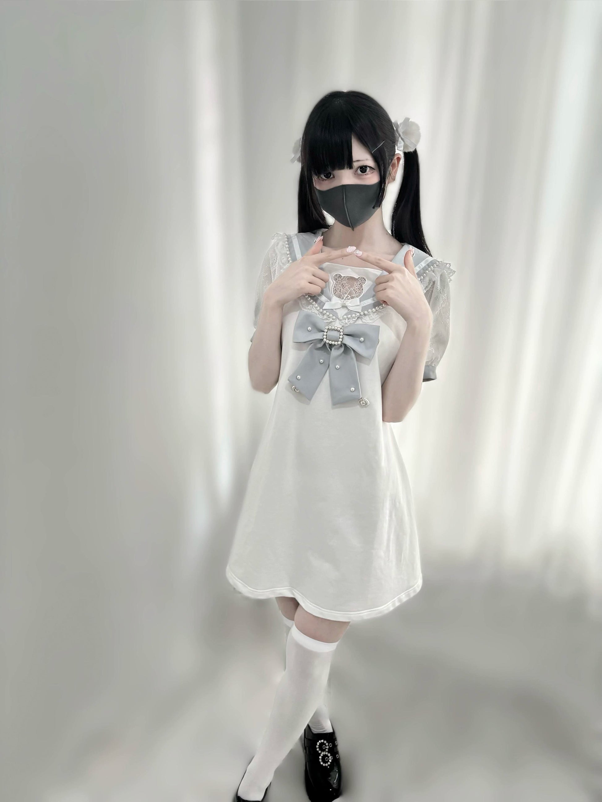 Jirai Kei Dress Pearl Embroidered Dress Short Sleeve Dress 37648:568076