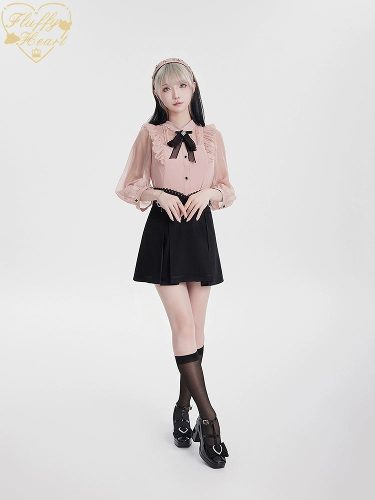 White Pink Jirai Kei Blouse Sheer Lace Shirt with Rhinestone 32914:403904