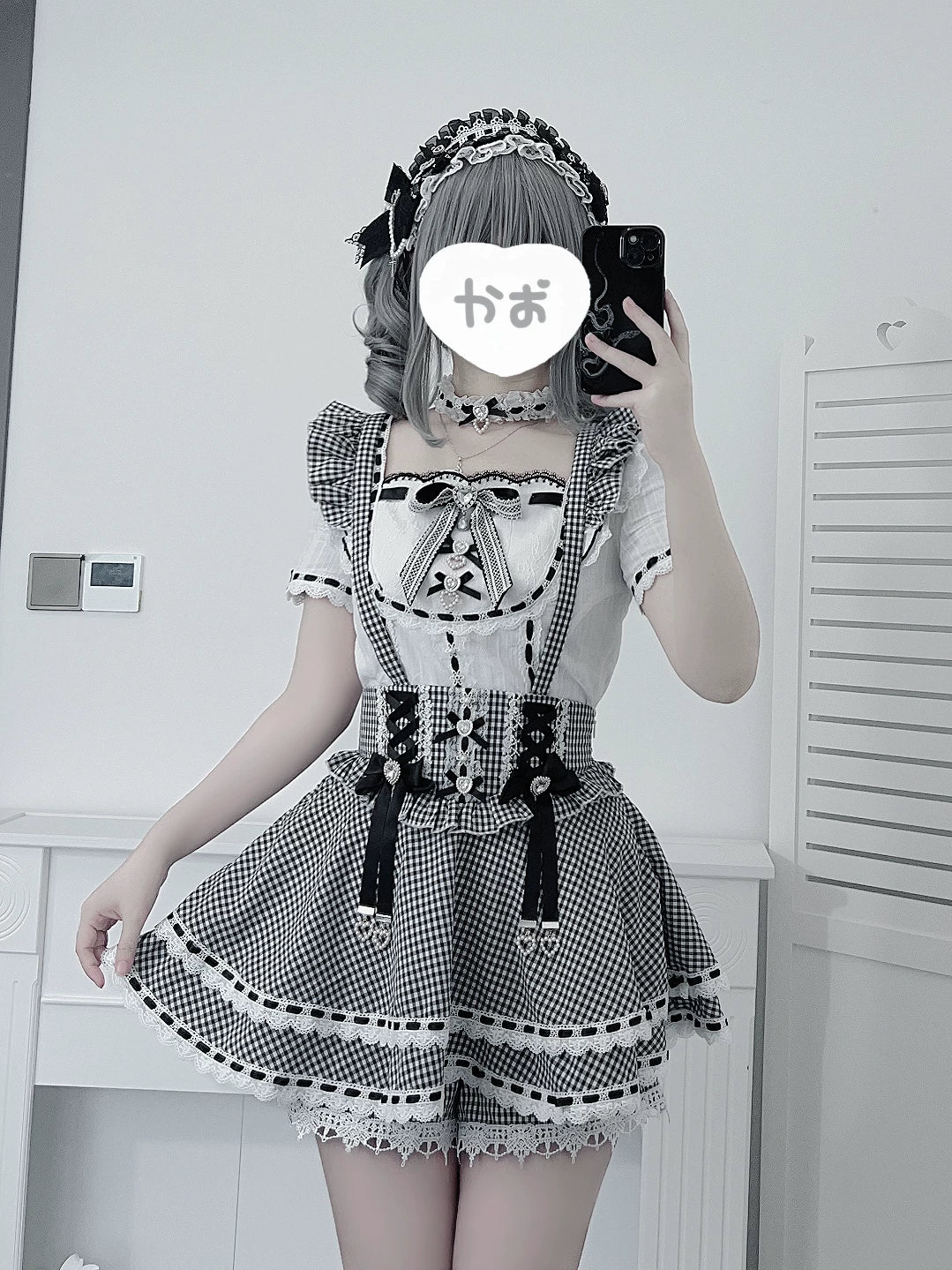 Jirai Kei Cotton Shirt, High-Waisted Suspender Skirt 45267:845204