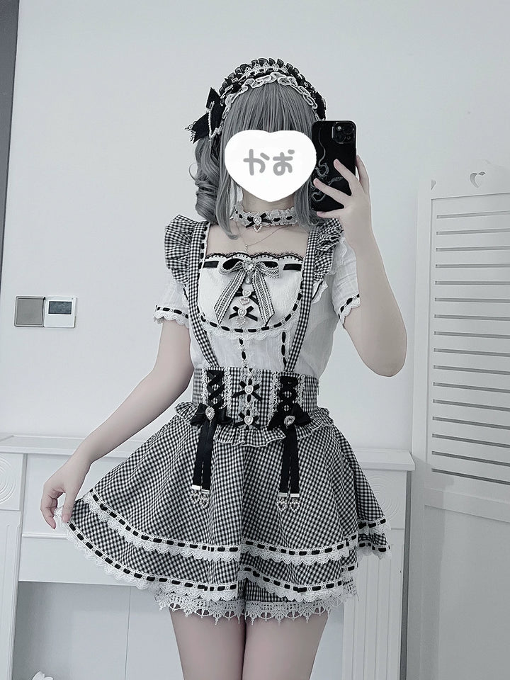 Jirai Kei Cotton Shirt, High-Waisted Suspender Skirt 45267:845204
