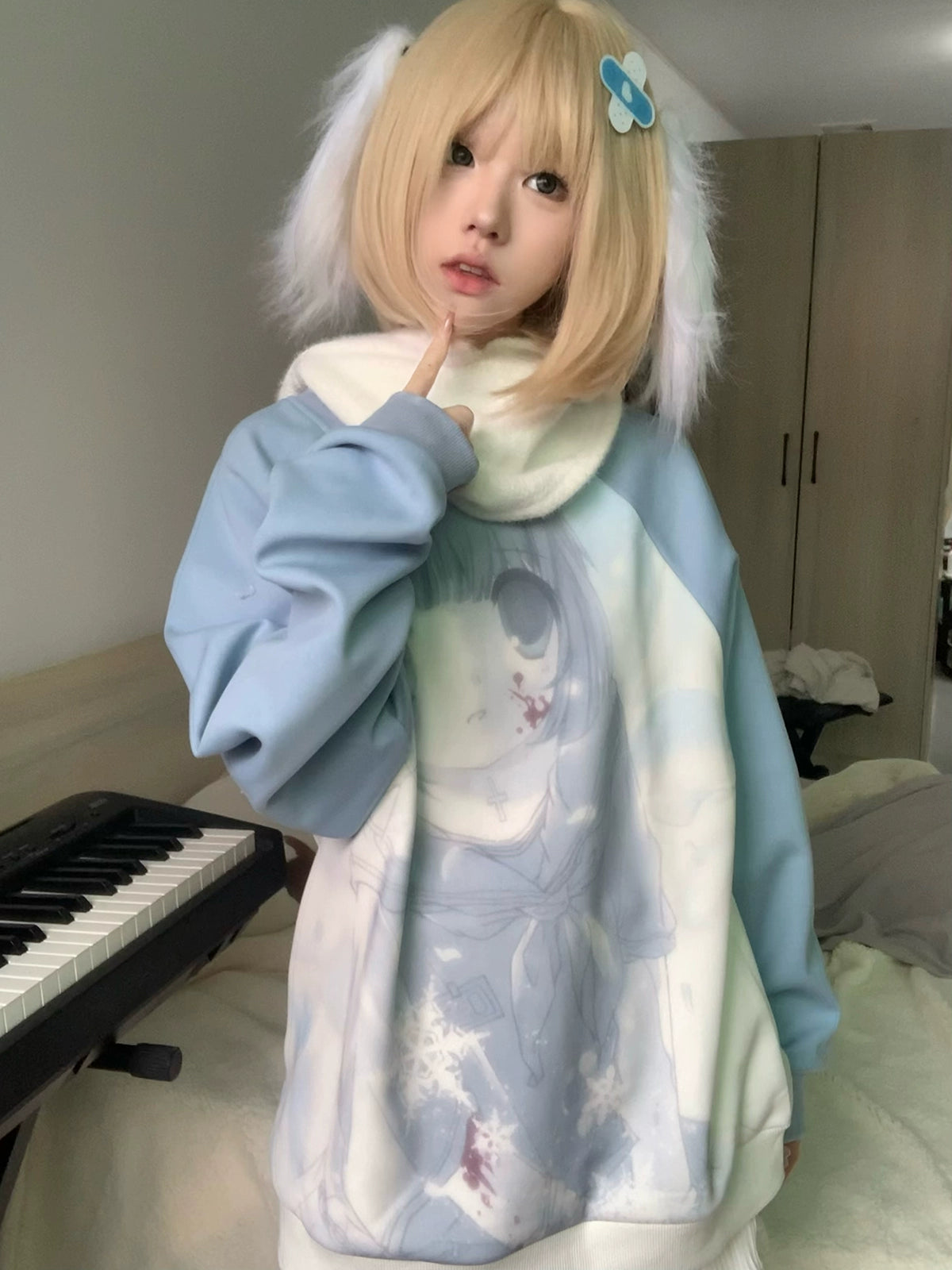Jirai Kei Blue Sweatshirt Anime Girl Printed Sweatshirt 33326:430958